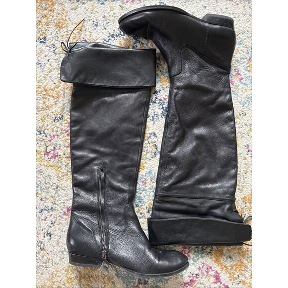 B Makowsky Leather Over The Knee Fold over Black Boots Sz 9 Inside Zip Soft ?Vtg - Picture 1 of 7